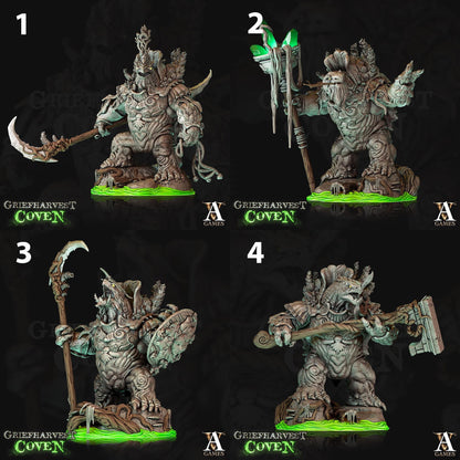 a set of four pictures of a demon with a spear