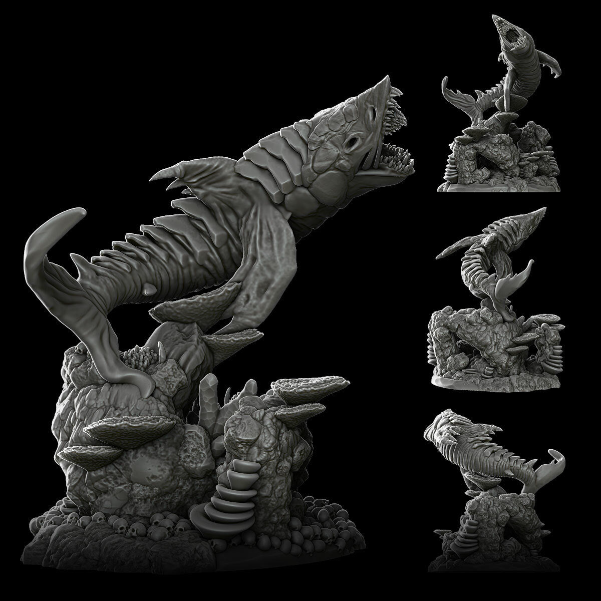 a statue of a lizard and other creatures on a black background