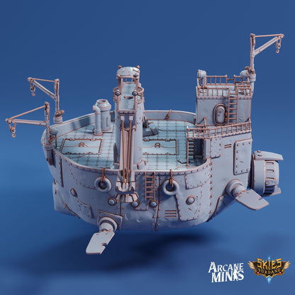 a white model of a ship on a blue background