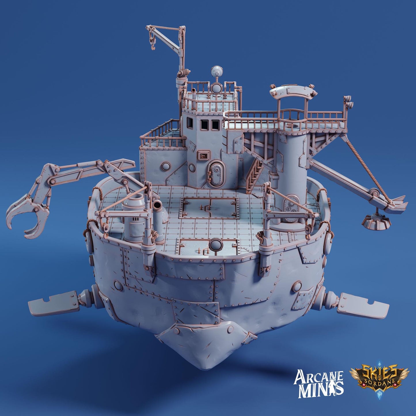 a 3d model of a ship on a blue background