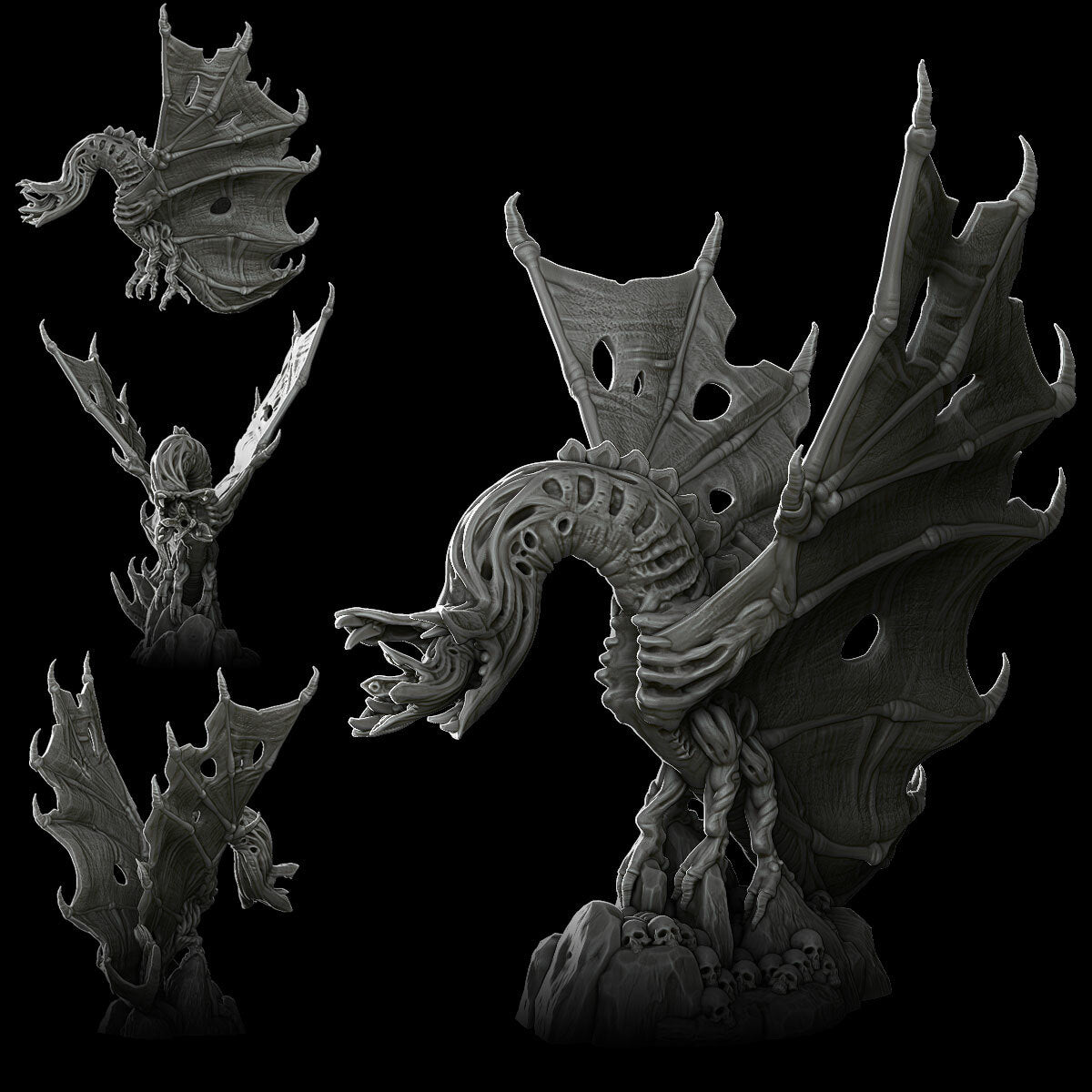 a black and white photo of a dragon statue