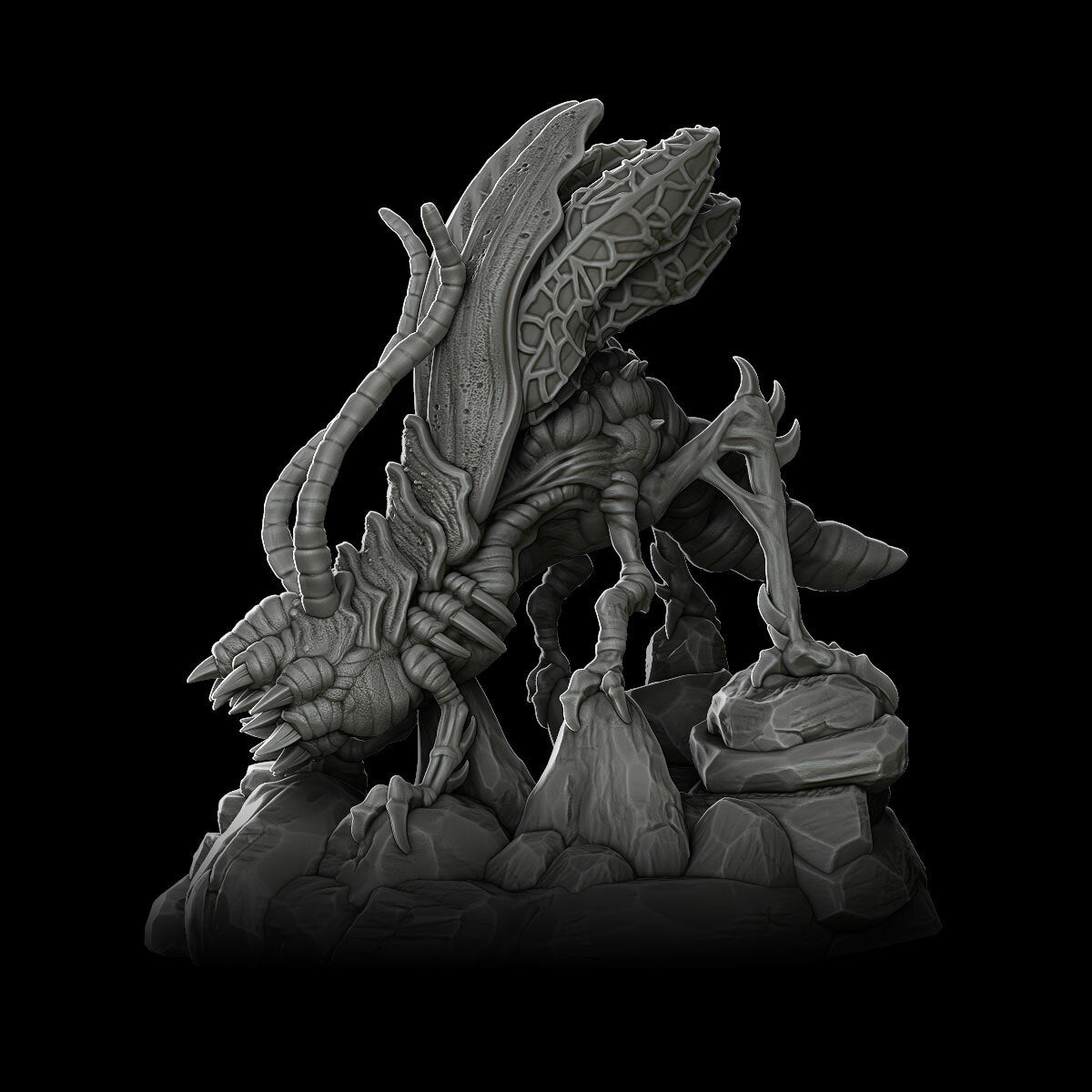 a statue of a dragon on a black background