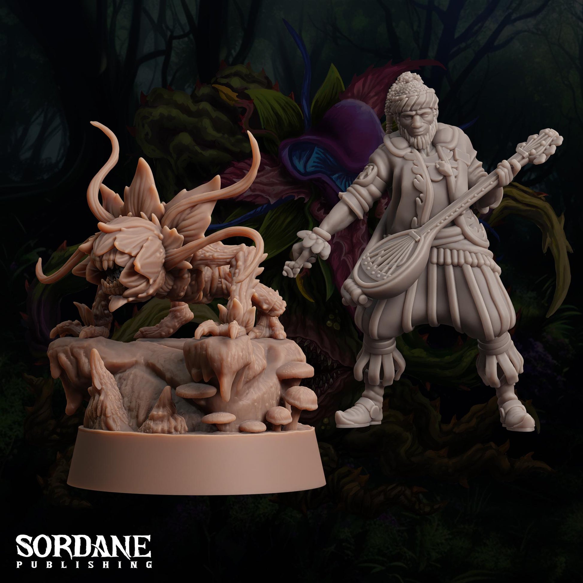 a statue of a man holding a sword next to a statue of a demon