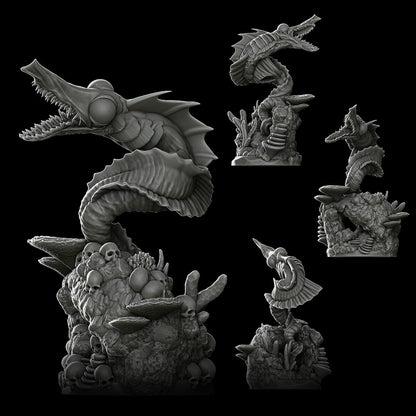 a bunch of different types of sculptures on a black background