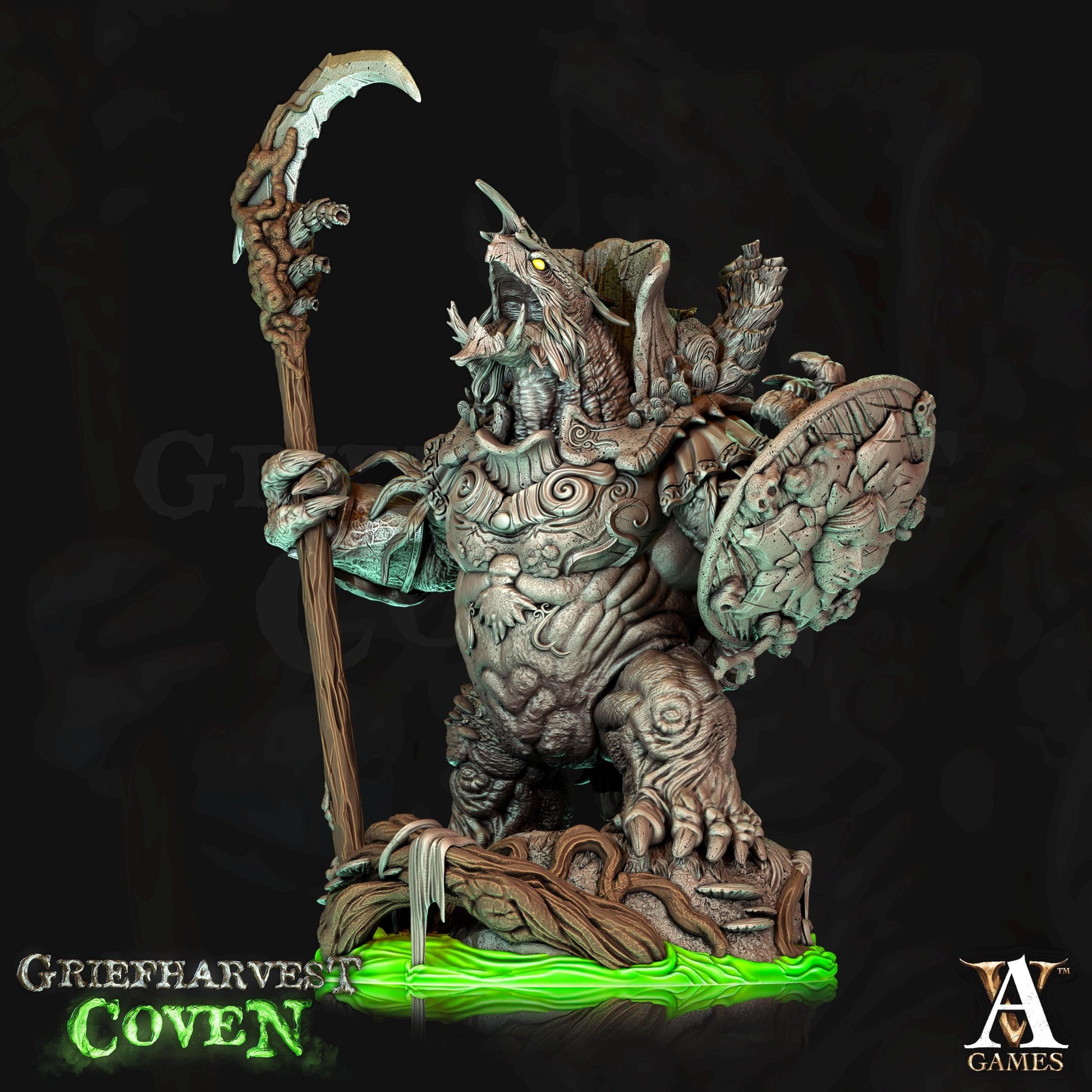 a statue of a creature holding a sceptacle
