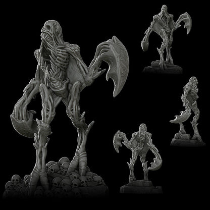 a group of skeleton figurines on a black background