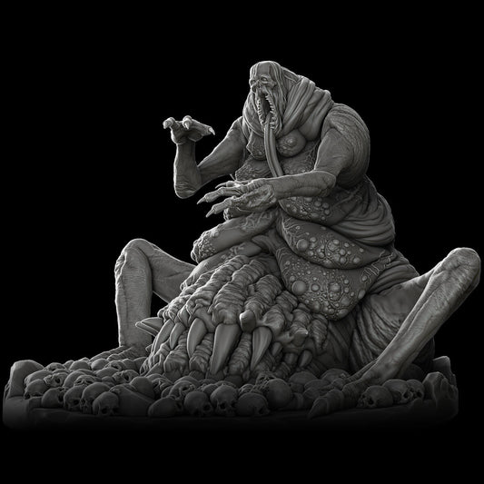 a statue of a man sitting on top of a pile of skulls
