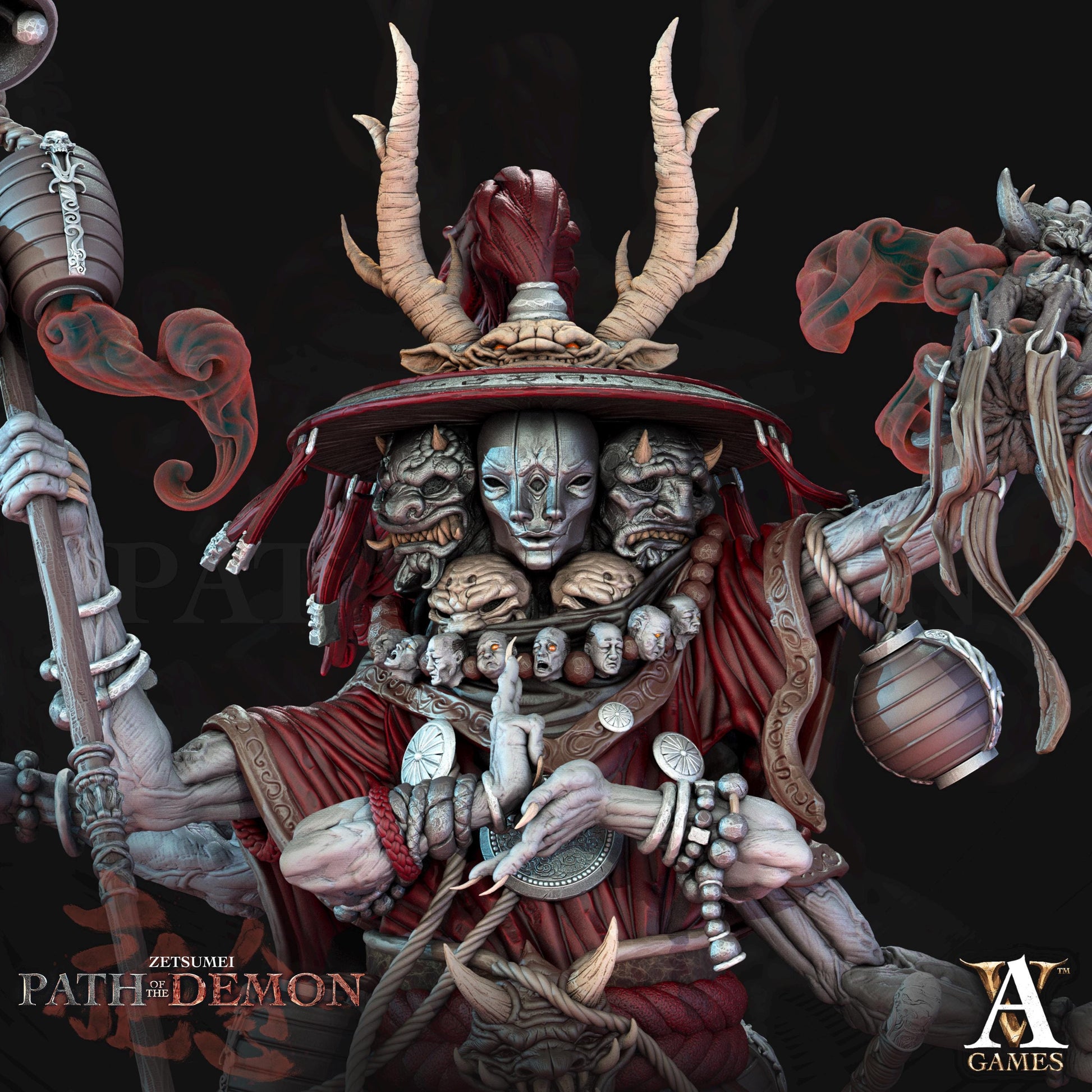 a statue of a skeleton with horns and a hat