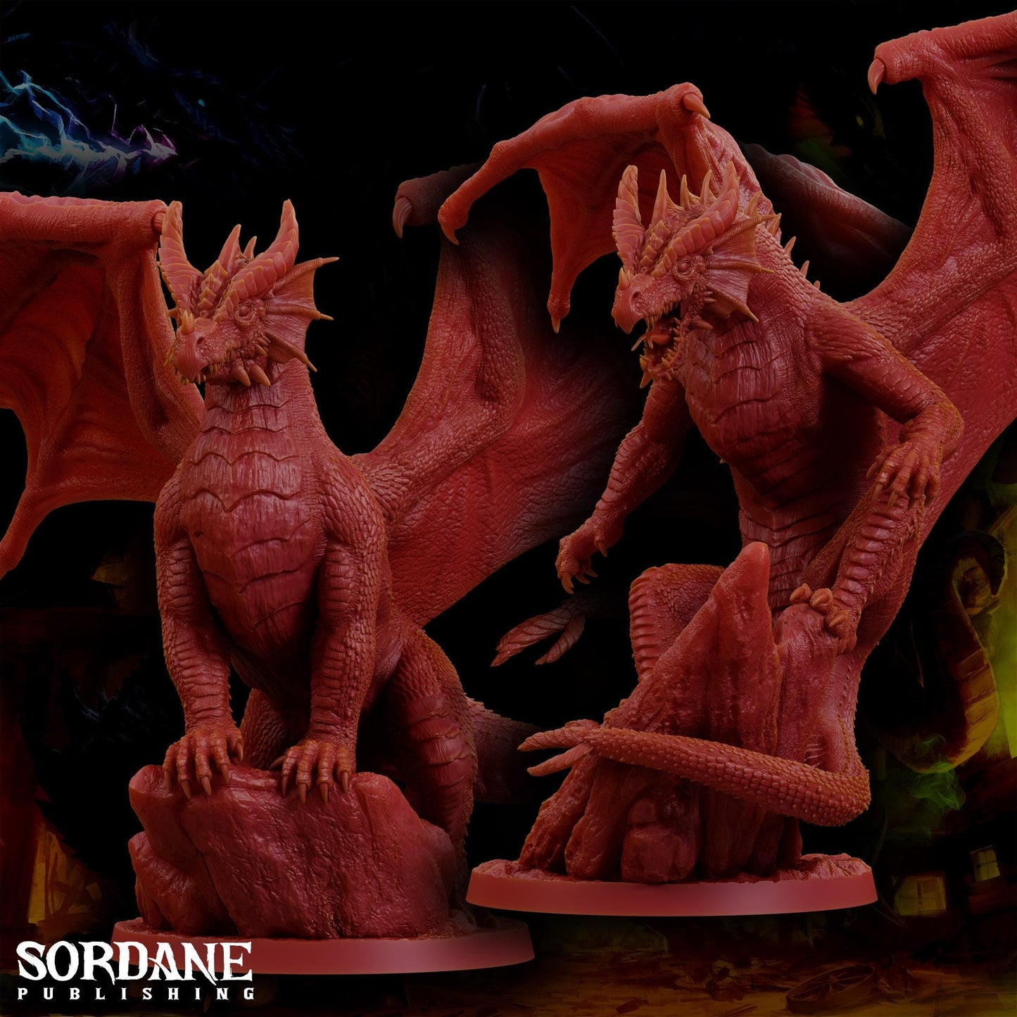 a couple of red dragon figurines sitting on top of a table