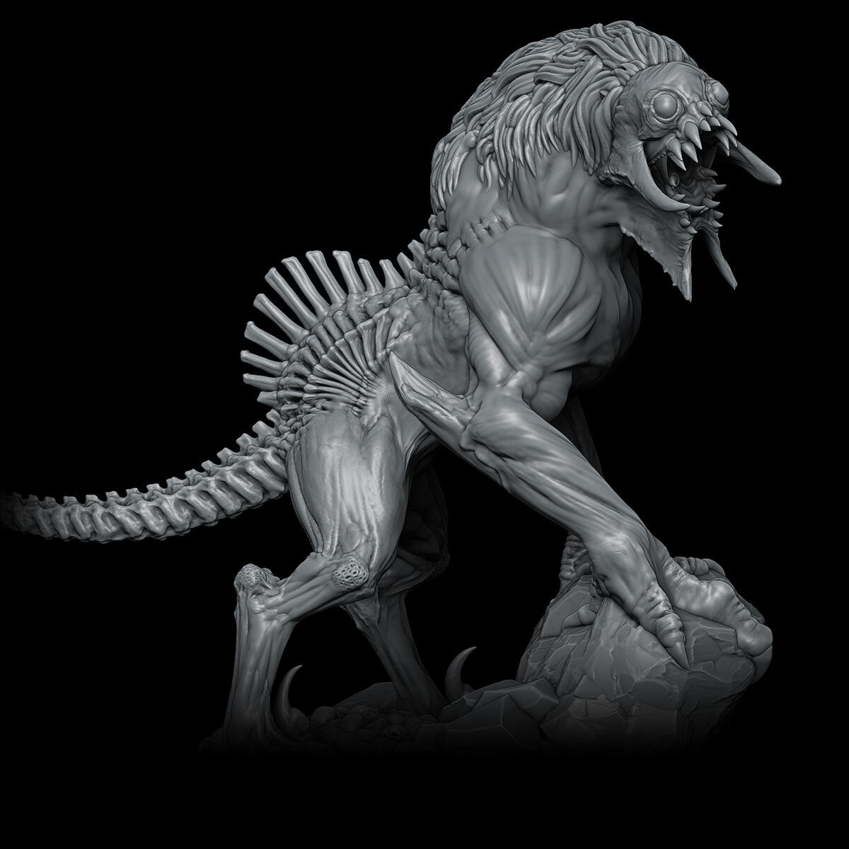 a black and white photo of a statue of a dinosaur