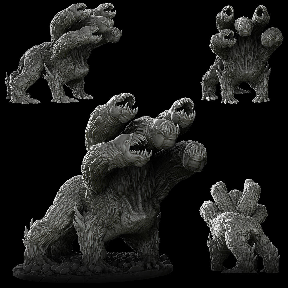 three black and white sculptures of bears on a black background