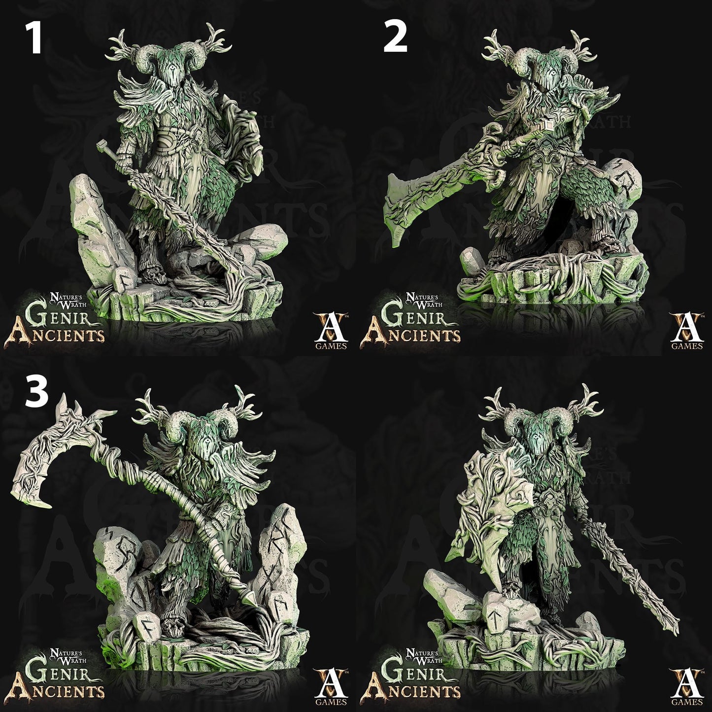 a set of four images of a statue of a demon