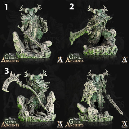 a set of four images of a statue of a demon